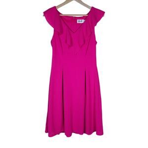 Eliza J Dress 6 Fuchsia Pink Fit and Flare Ruffle V Neck Mini Flowy Eyelet